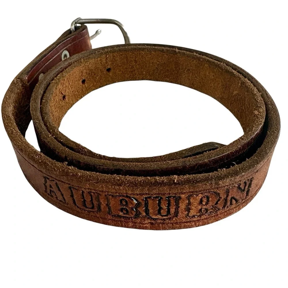 Vintage Auburn Tigers Leather Belt Brown Embossed Eagle‎ Logo Mens Size 32 34